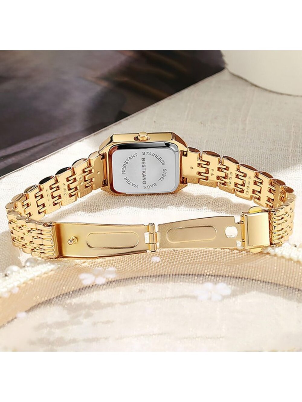 Women's Gold-Black Steel Strap Casual Fashion Simple Square Quartz Wrist Watch - Picture 6 of 6